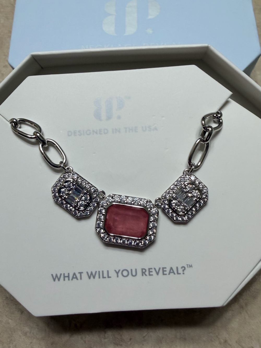 Bomb Party Necklace-The Center Still Moves Rose Quartz on Rhodium NK62119